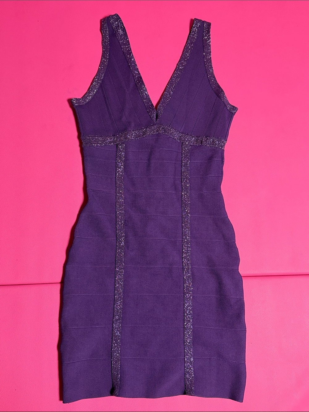 Guess Purple V‑Neck Mini Dress with Sparkle Trim